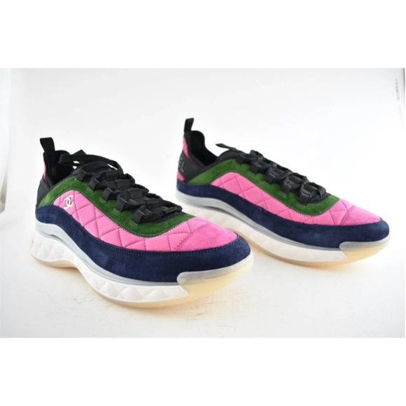 Chanel 21K Men Pink Blue Green White Black CC Logo Low Top Trainer Sneaker 45 12 - Picture 3 of 10
